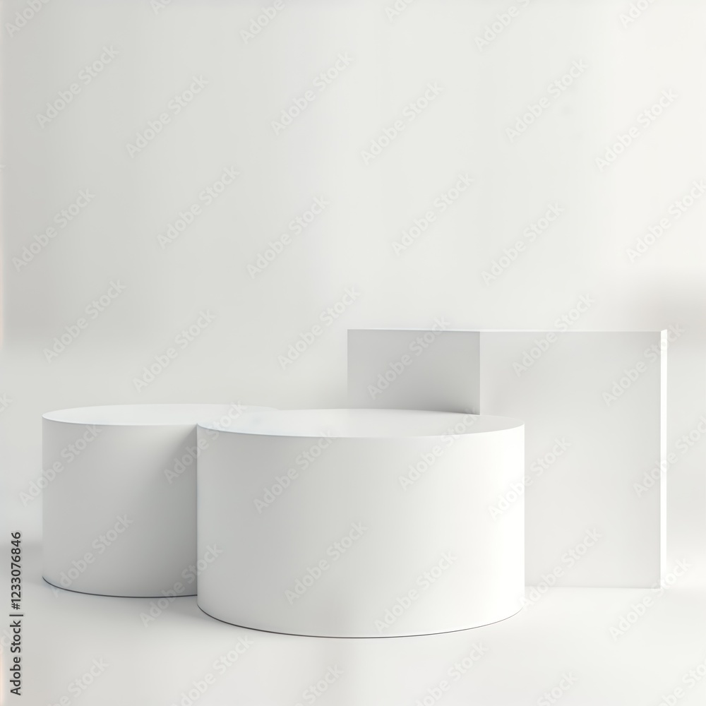 Poster White geometric podiums in studio setting. Simple clean design for product presentation. Empty platform ideal for products. Minimalist style. Modern design elements. High quality render with light,