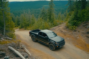Black Pickup Truck Navigating Rugged Mountain Trail Surrounded by Lush Green Forest Landscape