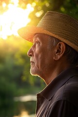 Senior man wearing straw hat enjoying sunset in nature, reflecting on life with peaceful expression. Outdoor leisure and tranquility concept.