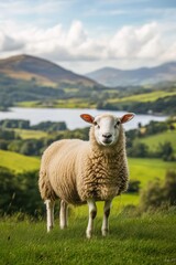 Fototapeta premium Sheep grazing in a lush green landscape with rolling hills and a serene lake in the background, showcasing rural life and natures beauty.