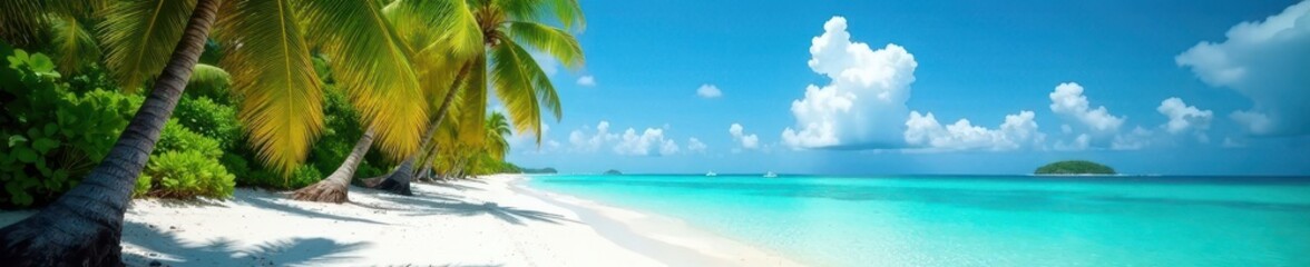 Fototapeta premium White sand beach, lush coconut palms, turquoise water, escape, tropical