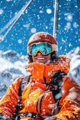 Skiing adventure with a cheerful snowboarder enjoying a snowstorm in the mountains, vibrant orange gear and clear blue sky during winter sports activities.