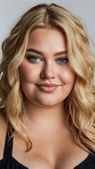 Naklejka premium Caucasian young female plus size model on white background wearing black, copy space. She stands smiling, with blonde hair, light skin, and blue eyes, showing confidence and body positivity