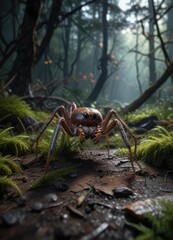 Fototapeta premium Enormous spider crawling on a dark forest floor, forest floor, arachnids, creepy crawlies