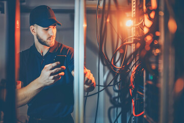 Young man technician configuring internet cables, holding smartphone, in a dim, high-tech server room