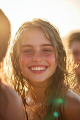 Smiling girl enjoying summer sunshine with friends at beach, capturing joyful moments, warmth, and natural beauty in outdoor setting during sunset.