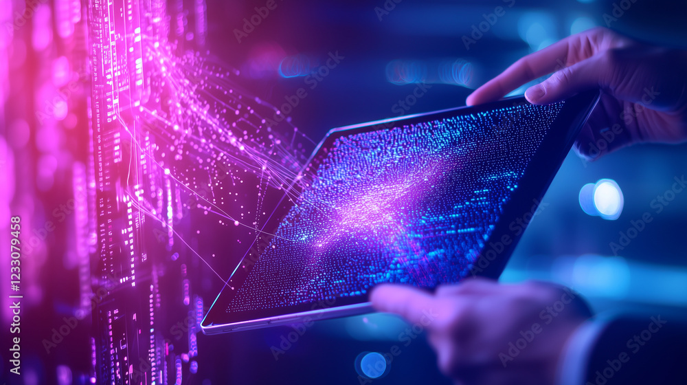 Poster futuristic data center with ai professionals analyzing algorithms