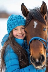 Obraz premium Smiling girl with horse in winter landscape, showcasing bond between child and animal. Friendship, outdoor joy, and winter activities on a snowy day.