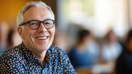Smiling man in glasses during a workshop, engaging with participants and sharing ideas in a collaborative learning environment focused on creativity and innovation.