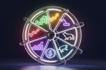 A neon wheel of fortune displays various financial market indicators, including graphs, bull and bear market symbols, and a dollar sign, symbolizing investment risk and opportunities.