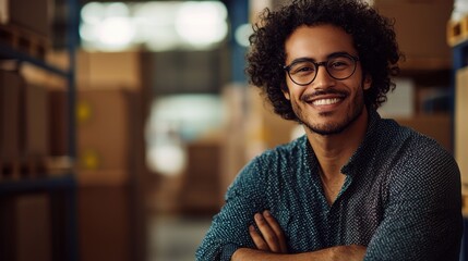 Smiling man with glasses in warehouse, surrounded by boxes, showcasing inventory management, logistics, and successful business operations in storage space.