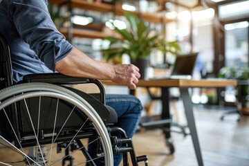Obraz premium Man in a wheelchair in a compact office, working in professional atmosphere