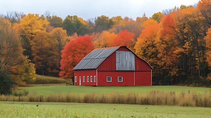 Red barn autumn foliage field landscape
