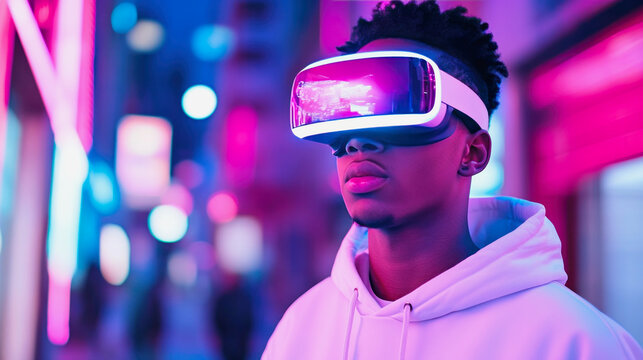 Young man exploring virtual reality in neon-lit urban setting