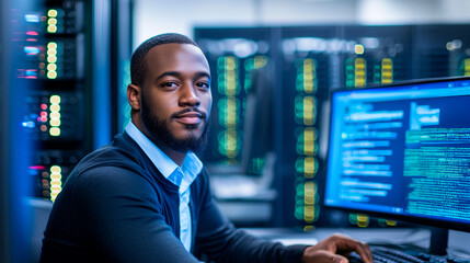 Fototapeta premium High Tech Programmer in Modern Data Center Workspace