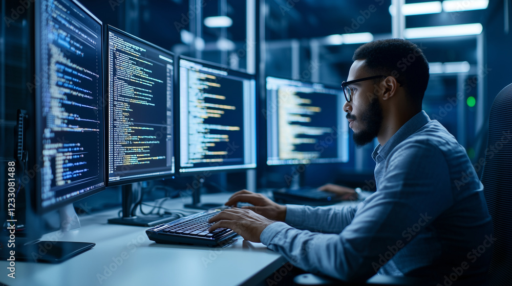 Poster it professional in modern data center with dual monitor setup