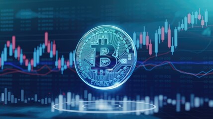 Bitcoin cryptocurrency coin displayed against a backdrop of dynamic stock market charts, illustrating its volatile nature and market trends.