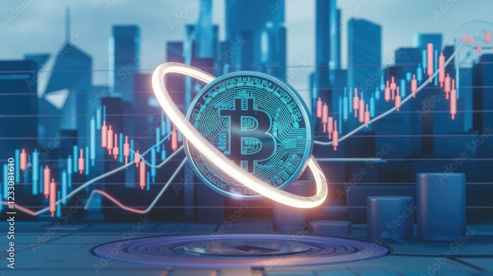 Poster bitcoin cryptocurrency coin rising in value, shown with a city skyline and stock market graph in the