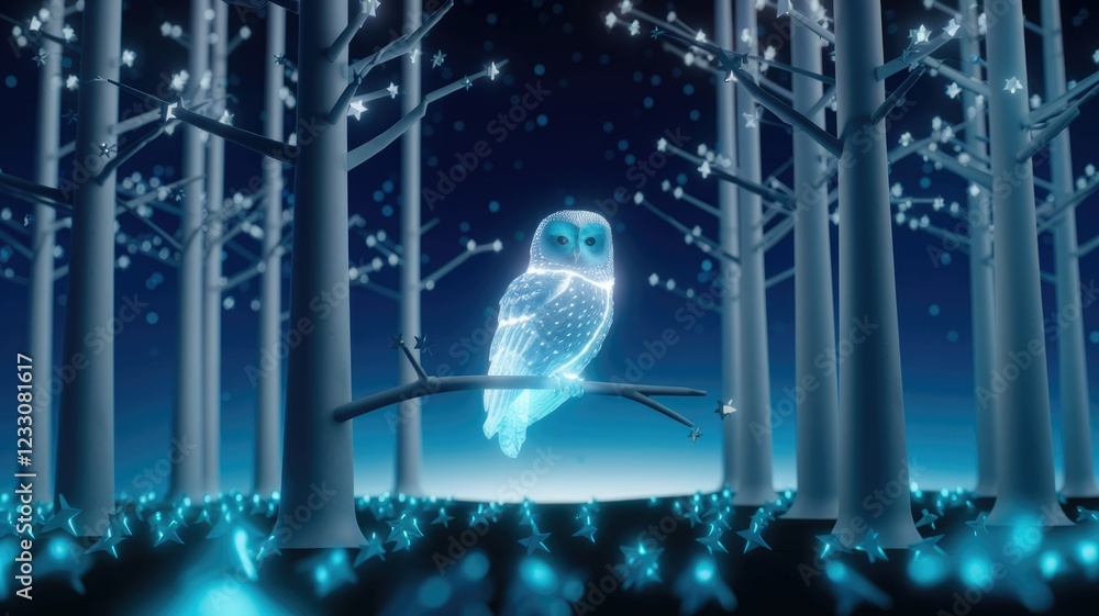 Poster glowing owl perched on a branch in a mystical, starlit forest.