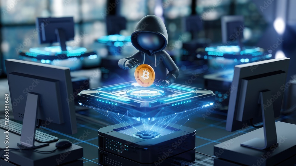 Poster a hooded figure in a server room is placing a bitcoin onto a futuristic digital platform.