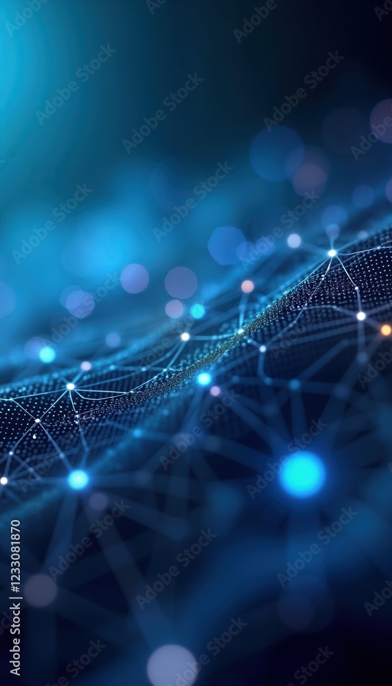 Poster abstract digital network pattern on dark blue background. interconnected lines, glowing points creat