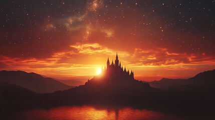 Enchanting fairytale castle silhouetted against a fiery sunset and starlit sky, magical ambiance. Starlit Spire. Illustration