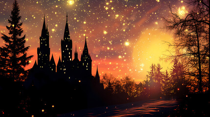 Enchanting fairytale castle silhouetted against a fiery sunset and starlit sky, magical ambiance. Starlit Spire. Illustration