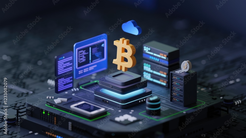 Aufkleber Bitcoin mining infrastructure depicted with servers, code, and cloud computing elements.
