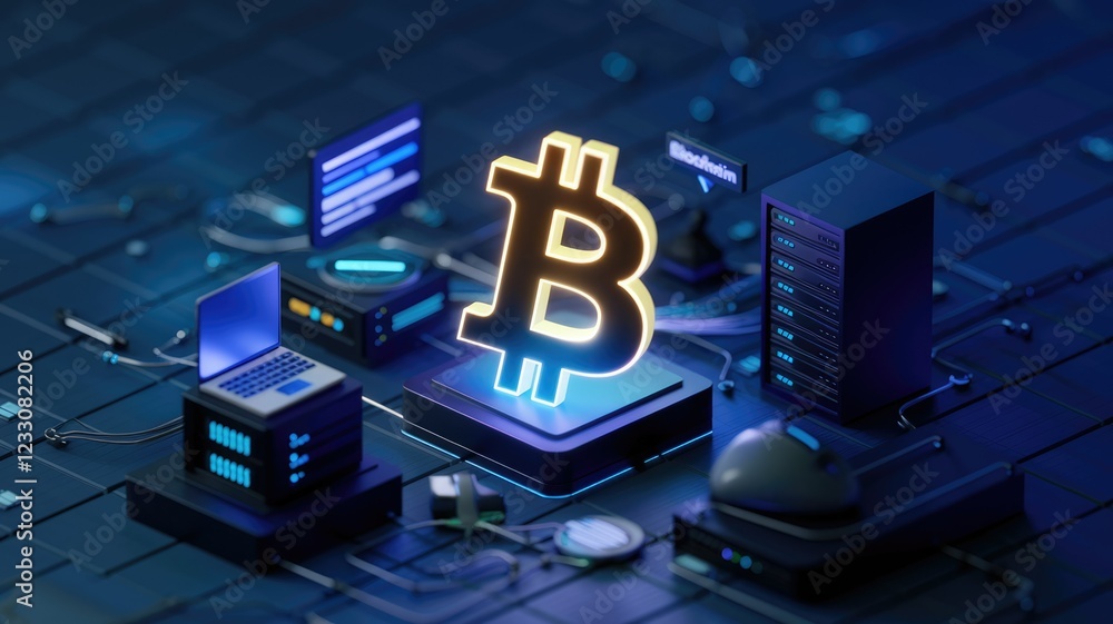 Poster Illuminated Bitcoin symbol amidst servers and laptops, depicting blockchain technology.