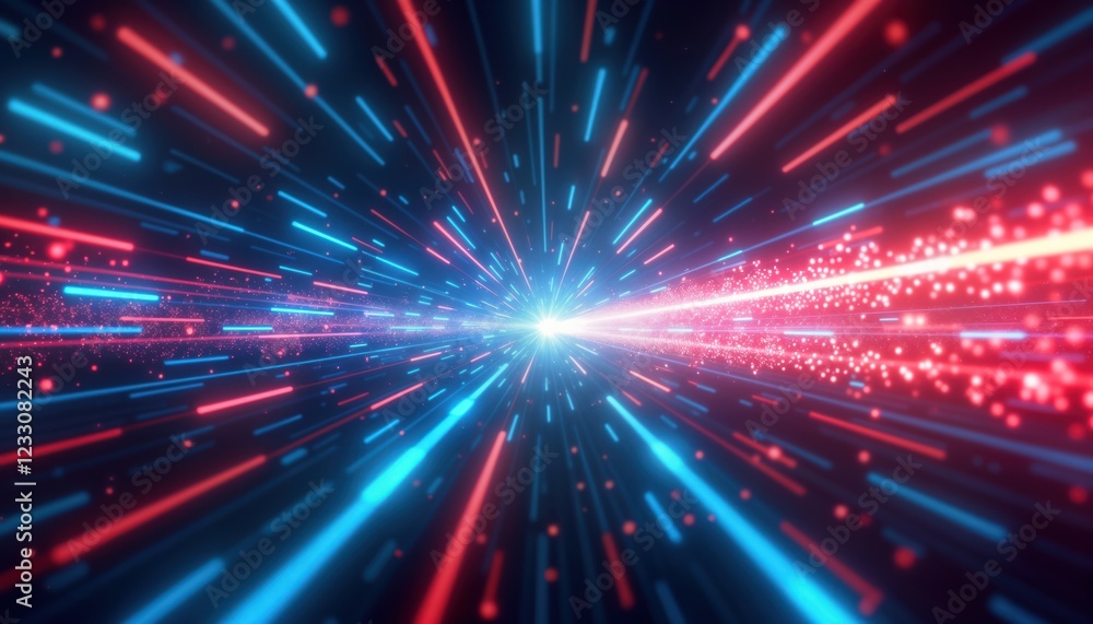 Poster dynamic abstract tech background shows vibrant red, blue lines in motion. fast speed effect creates 