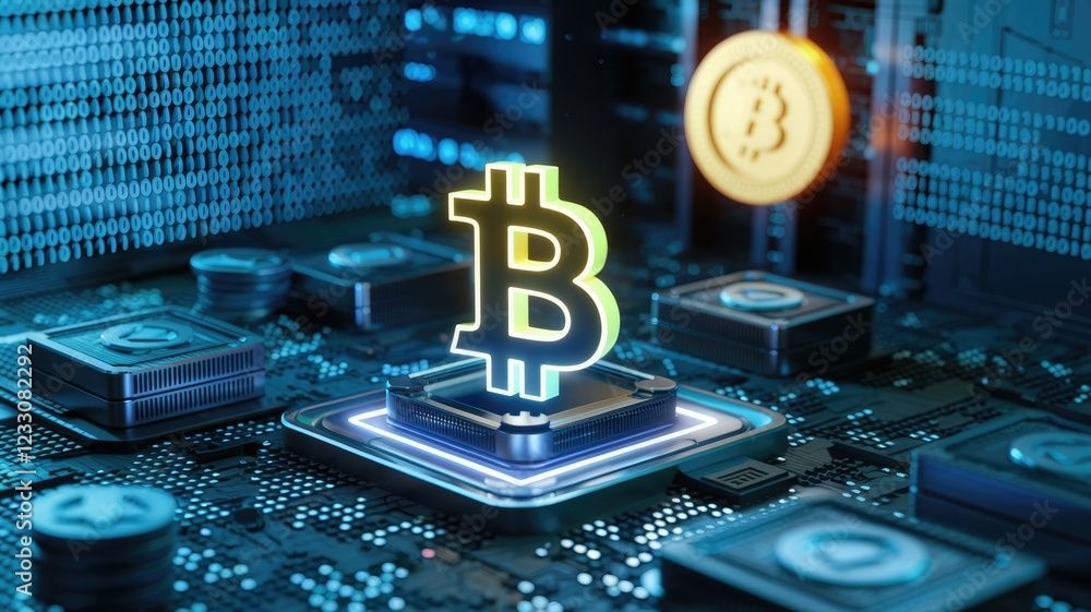Aufkleber Bitcoin cryptocurrency symbol digitally displayed on a circuit board, representing blockchain technology.