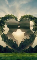 Heart shaped tree lined shape two people facing each other kissing silhouette of married couple at marriage with beautiful sunset in background