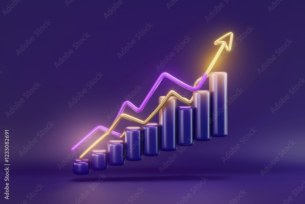 Poster 3d rendering of upward trending bar graph showcasing growth, success, and progress.