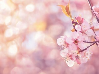 Pink Blossom Dream: Delicate pink cherry blossoms in full bloom, bathed in soft sunlight, create a dreamy and romantic springtime scene.