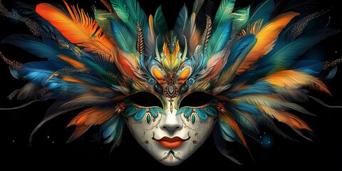 A vibrant carnival mask with colorful feathers and abstract particles on a dark background. Perfect for festivals or celebration themes.