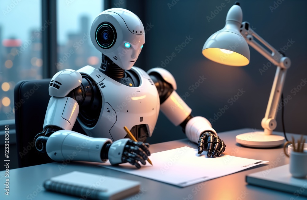 Poster futuristic robot sits at desk, writes on paper. modern tech office setting. robot writing on documen
