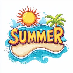 Summer Illustration with Sun, Palm Trees, and Ocean Waves. Bright summer-themed illustration featuring the word "Summer" with a sun, palm trees, and ocean waves on a tropical island