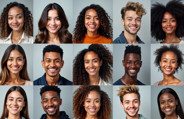 Obraz premium Diverse people smiling in studio portrait collage. Collage of many happy faces. Varied ethnicities represented in portrait photo. Modern portrait style. Happy people. Modern studio photo. Positive
