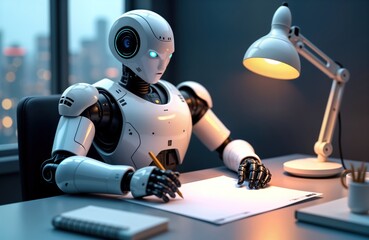 Futuristic robot sits at desk, writes on paper. Modern tech office setting. Robot writing on document with pen. Scene suggests AI work in future office. Possible co-worker service provider. Urban