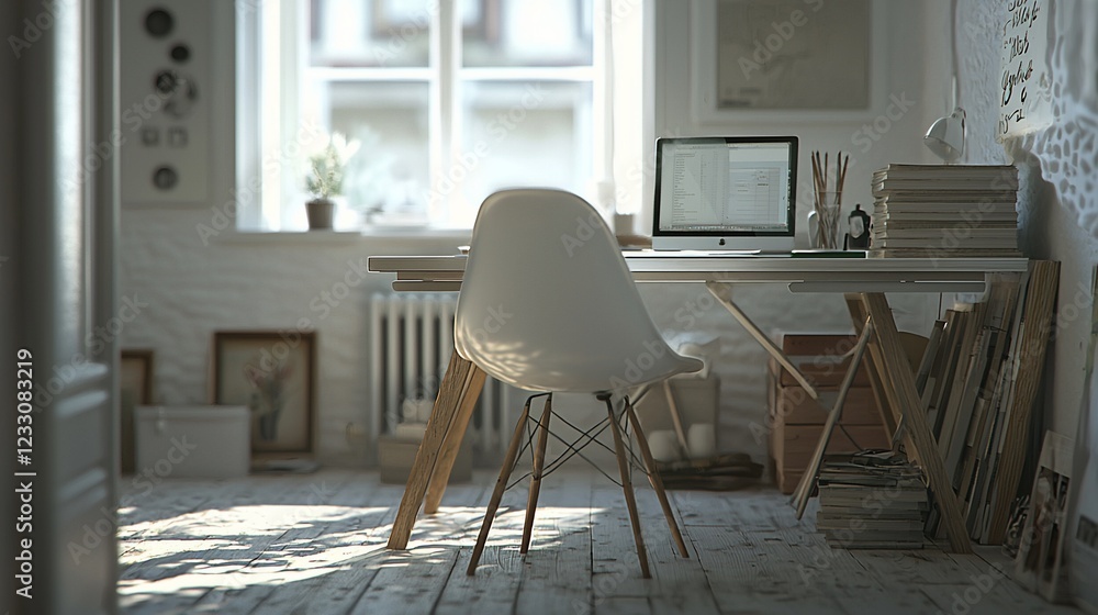 Poster bright workspace with computer and modern chair