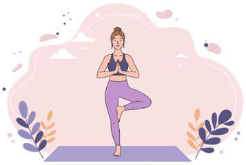 Caucasian woman doing Tree yoga pose on mat. Colorful minimalist illustration
