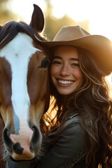 Fototapeta premium Woman smiling with horse during sunset, wearing cowboy hat, enjoying country lifestyle and horseback riding, representing connection with nature and animals.