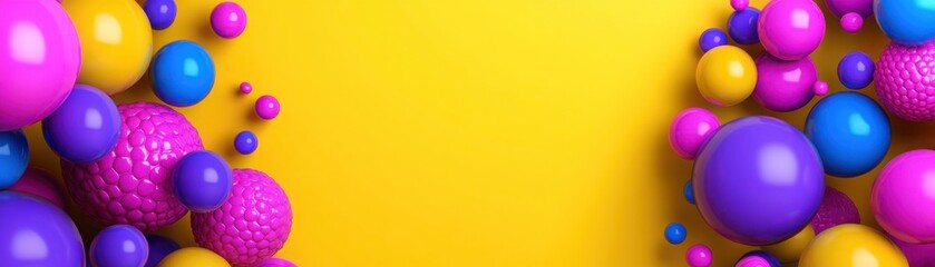 Obraz premium Colorful Abstract Background with Vibrant Spheres and Bubbles in Pink, Blue, Yellow, and Purple on a Bright Yellow Surface for Creative Design Projects