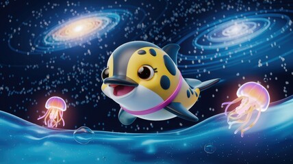 Naklejka premium Cute cartoon dolphin swims in space with jellyfish, galaxies in background.