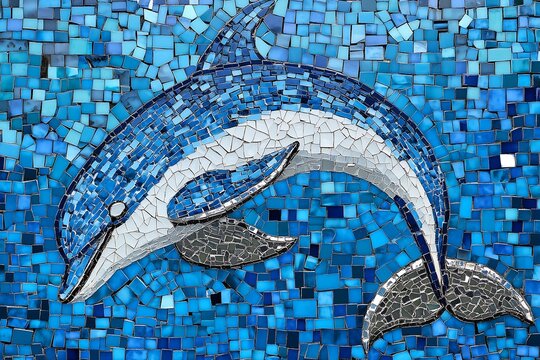 Vibrant dolphin mosaic artwork displaying shades of blue, capturing the essence of marine life.