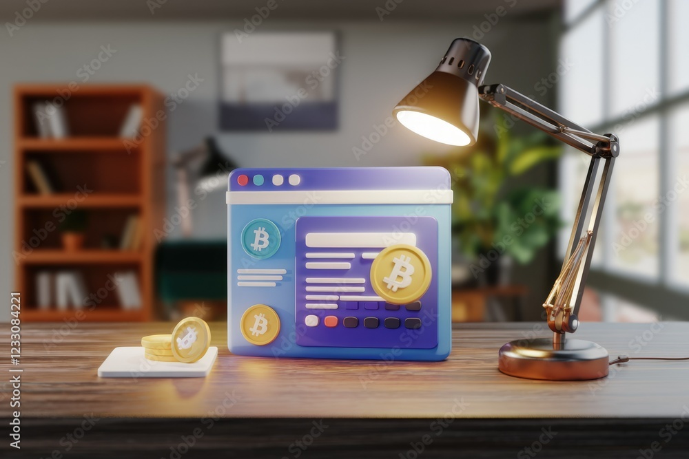 Poster 3D render of a website displaying Bitcoin cryptocurrency, coins, and a desk lamp.