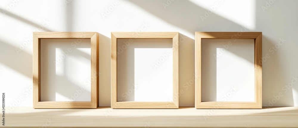 Poster wooden empty frames on a shelf with sunlight creating soft shadows, perfect for showcasing artwork o