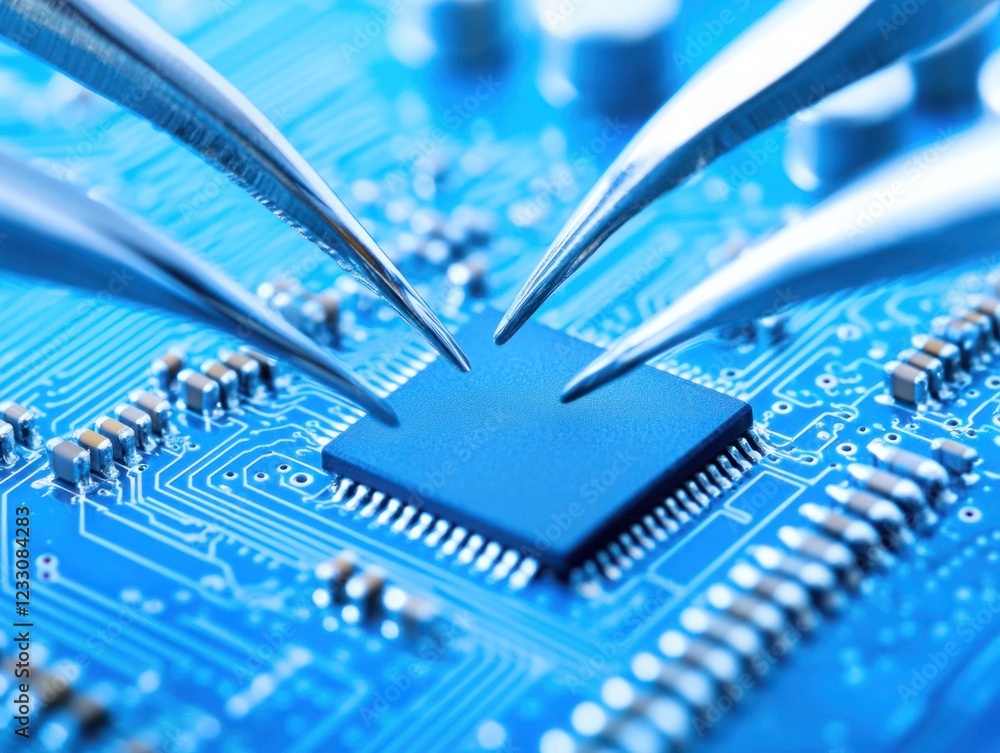 Aufkleber close-up of precision tweezers holding a microchip on a blue printed circuit board with electrical c
