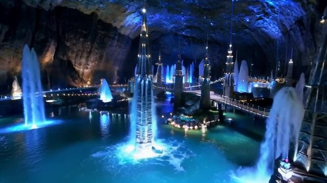 Magic cave elven realm video.  Casacade waterfalls. Dazzling blue reflections on the water under glowing crystalline spires and bridges