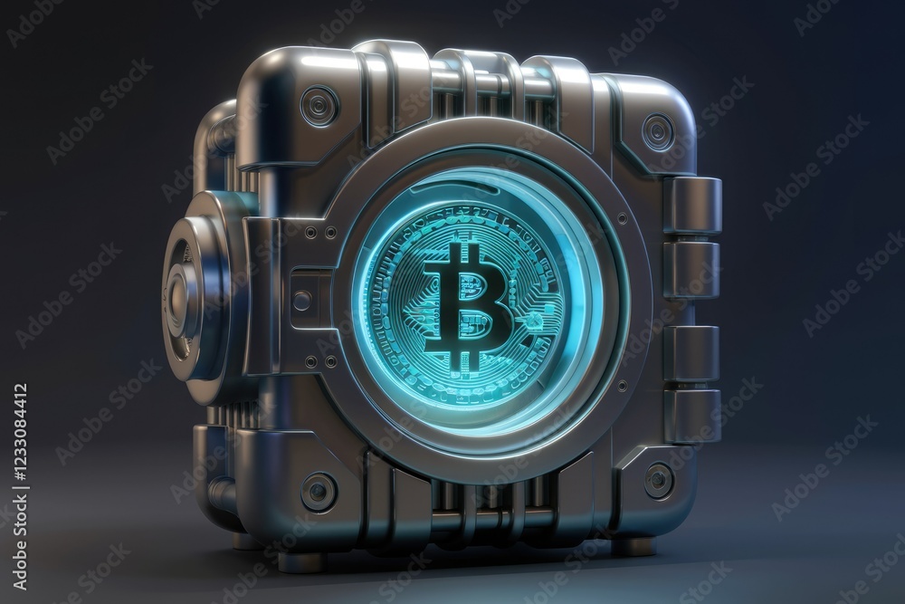 Poster futuristic metallic cube safeguarding a glowing bitcoin cryptocurrency symbol.